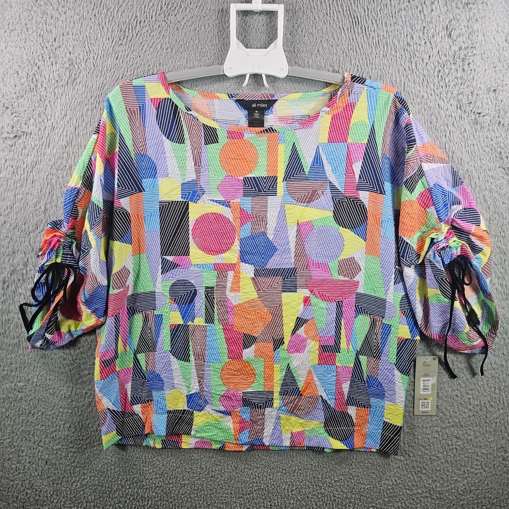 NEW Ali Miles Oversized Top Women Medium Colorful Geometric Print Short Sleeve